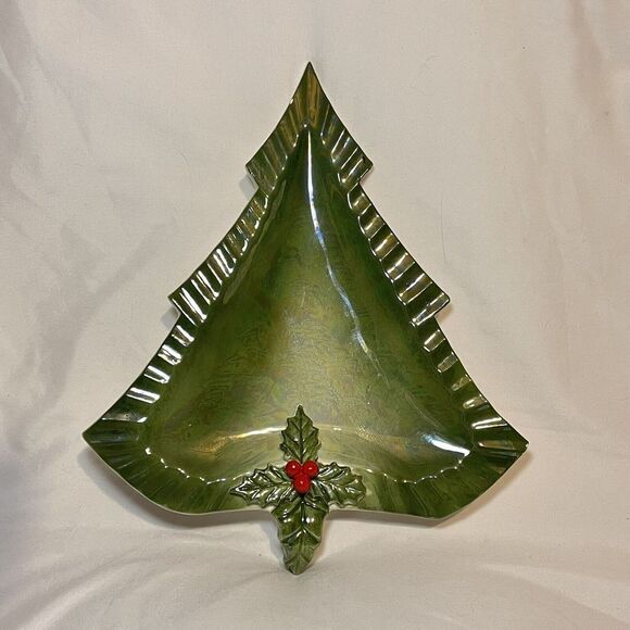 Vintage Norcrest Christmas Tree Holly Tray Candy Dish Decor 50s Japan‎ MCM Green - Picture 1 of 7